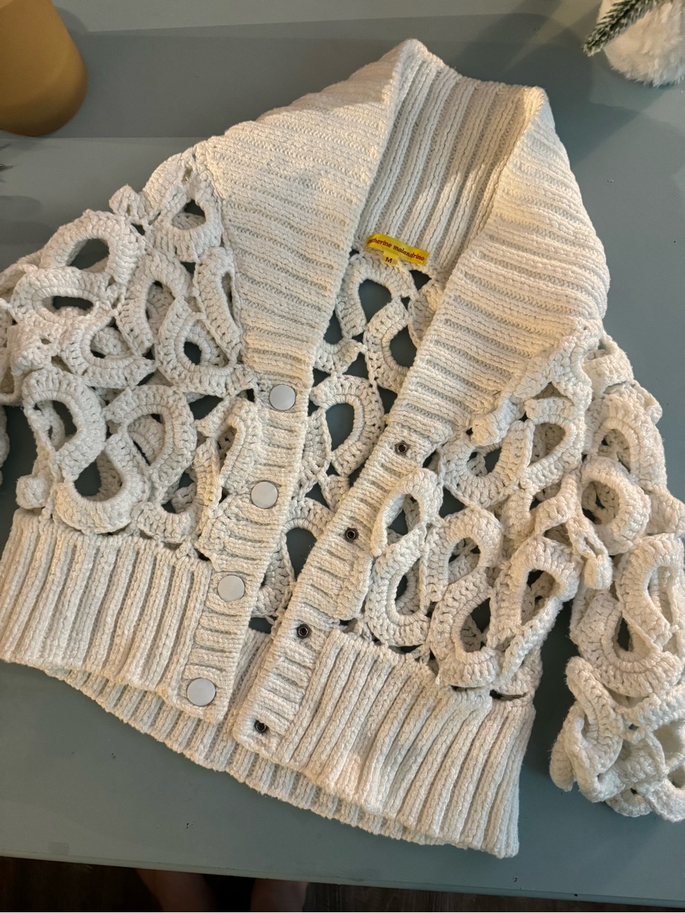 Catherine Malandrino Cream Crochet Openwork Cardigan